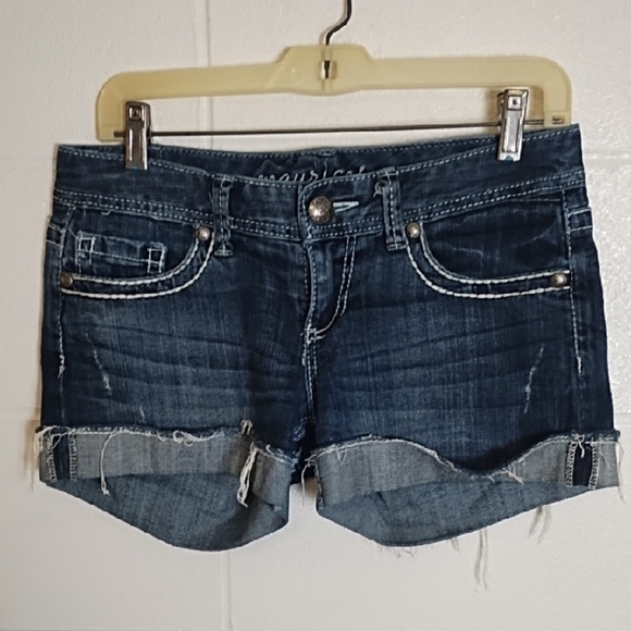 Dark Blue Jean Shorts with Frayed Cudded Hem and Decorative Stitching - Picture 2 of 15